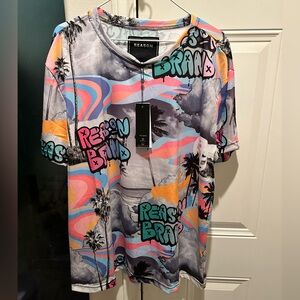 Reason Brand XL Graffiti Tropical Allover Print Stormy Graphic Tee